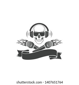 Skull and microphone, vector logo. Template for printing on t-shirt. Element, sticker, label.
