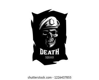 Skull in a military beret. Patriotic, military, biker badge. Vector illustration.
