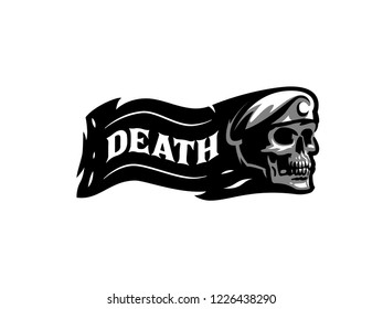 Skull in a military beret. Patriotic, military, biker badge. Vector illustration.