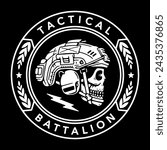 SKULL WITH A MILITARY HELMET BADGE TACTICAL BATTALION WHITE BLACK BACKGROUND