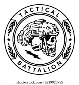 SKULL WITH A MILITARY HELMET BADGE TACTICAL BATTALION BLACK WHITE BACKGROUND
