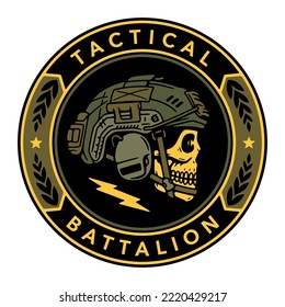 SKULL WITH A MILITARY HELMET BADGE TACTICAL BATTALION COLOR BACKGROUND