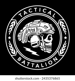 SKULL WITH A MILITARY HELMET BADGE TACTICAL BATTALION WHITE BLACK BACKGROUND