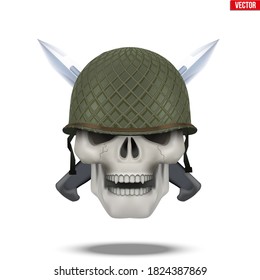 Skull with Military helmet and knife cross. Symbol of militarism for labels and patches. Vector Illustration on isolated white background