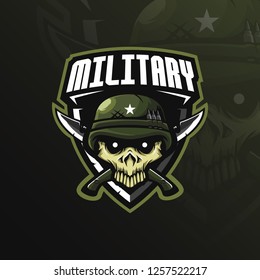 skull military mascot logo design vector with modern illustration concept style for badge, emblem and tshirt printing. skull military illustration with knives and badges.