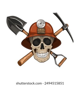 Skull miner in hardhat with pickaxe and shovel