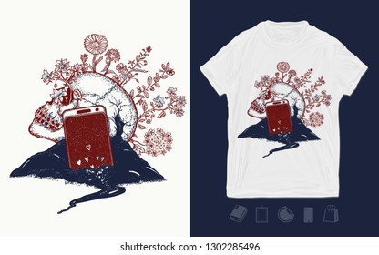 Skull and mobile phone, social networks, life and death, consumer society. Print for t-shirts and another, trendy apparel design. Psychological problems, senseless life 