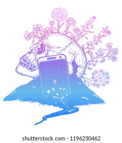 Skull and mobile phone tattoo, life and death, consumer society. . Likes follow from skull, addiction dependence on social networks 