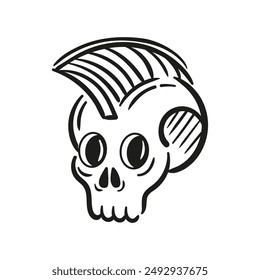 Skull with mohawk, punk. Cool Vector hard rock illustration. Informal subculture, freak. sketch drawing. Heavy metal, Music. For for music festival, logo, posters, design