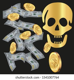 Skull and Money. Halloween design element or classic "Jolly Roger" pirate flag.