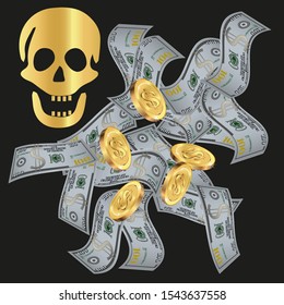 Skull and Money. Halloween design element or classic "Jolly Roger" pirate flag.