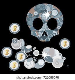 Skull and Money. Halloween design element or classic "Jolly Roger" pirate flag.