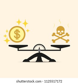 Skull and Money on a Two Pan Balance. Vector concept of choice in the scales of money or death. Illustration isolated on a light background.