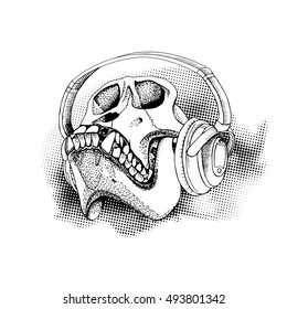 Skull monkey in a headphones. Vector illustration.