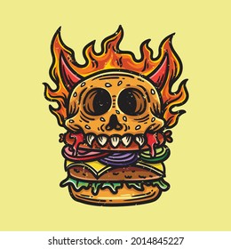 skull monster burger illustration with horns and burning fire