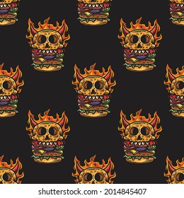 skull monster burger seamless pattern with horns and burning fire