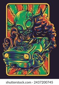 Diseño vectorial de coche de carreras de personajes de dibujos animados Skull Monster