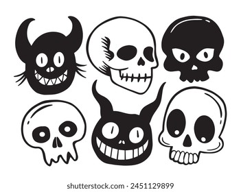 skull monster cute doodle collection set hand drawn black and white
