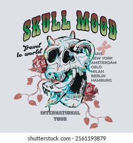 "Skull Mood" slogan with skull and flowers. Retro vintage psychedelic hipster graphic vector Illustration for tee - t shirt and sweatshirt