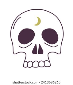 Skull with moon on forehead. Mystic symbol of balance between opposing forces of mortality and finite nature of life. Theme of renewal and regeneration in magic and occultism. Vector in flat style