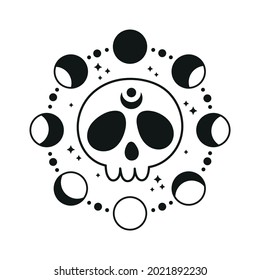 Skull with moon phases cycle. Mystical witchy symbol. Witchy T-shirt design. Cute vector illustration. Black and white colors