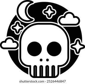 A skull with a moon and stars surrounding it. The skull is surrounded by a dark blue and orange background
