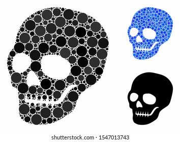 Skull mosaic of round dots in different sizes and color tones, based on skull icon. Vector dots are combined into blue mosaic. Dotted skull icon in usual and blue versions.