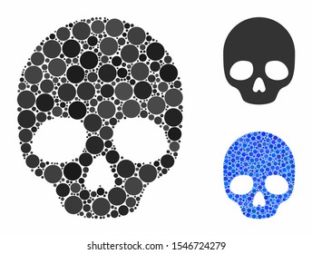 Skull mosaic of round dots in variable sizes and color tinges, based on skull icon. Vector round dots are united into blue mosaic. Dotted skull icon in usual and blue versions.
