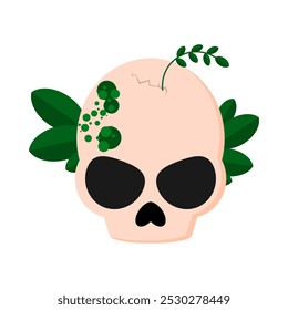 The skull is mossy and overgrown with plants. Halloween skull. scary skull. scary creature. scary animal. mystical. vector illustration. Halloween characters. monsters. ghost