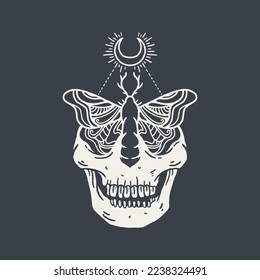 Skull with moth in the dark vector illustration