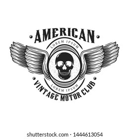 Skull motor club american vintage skull and wings element, classic auto.