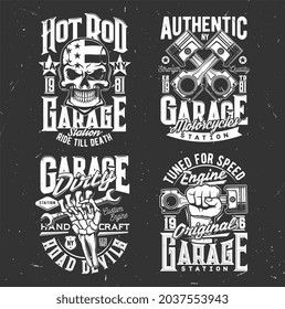 Skull, motorcycle biker garage and custom chopper vector t-shirt prints. Skull in American flag helmet, motorcycle biker riders club emblem, skeleton hand with mechanic wrench and engine piston