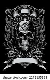 skull motorcycle biker wearing sunglass and helmet black and white hand drawn illustration with heraldic banner for copyspace