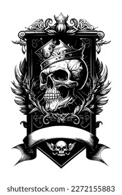 skull motorcycle biker wearing sunglass and helmet black and white hand drawn illustration with heraldic banner for copyspace