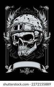 skull motorcycle biker wearing sunglass and helmet black and white hand drawn illustration with heraldic banner for copyspace