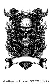 skull motorcycle biker wearing sunglass and helmet black and white hand drawn illustration with heraldic banner for copyspace