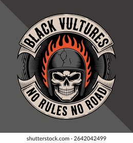 Skull motorcycle gang badge, flaming skull with cracked helmet, skull head logo vector
