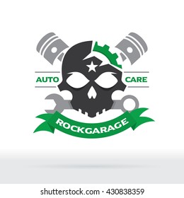 Skull Motorcycle Garage Badge, Skull Rider with wrench vector