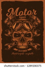 Skull in motorcycle glasses on the background of wrenches and engine. Vintage vector poster. T-shirt design, emblems