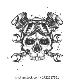 Skull in motorcycle glasses on the background with wrenches and engine. Vintage vector illustration. T-shirt design, emblems