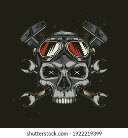 Skull in motorcycle glasses on the background of wrenches and engine. Vintage vector illustration. T-shirt design, emblems