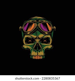 Skull in motorcycle glasses on the background of wrenches and engine. Vintage vector illustration. T-shirt design, emblems