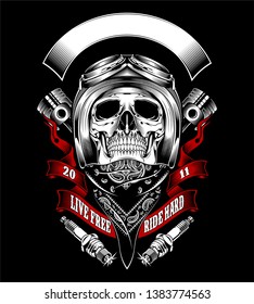 Skull with motorcycle helmet and bandana - Vector