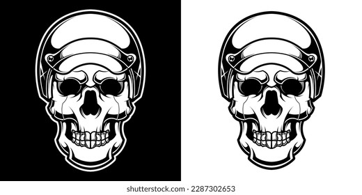 Skull in motorcycle helmet in black and white vintage monochrome style isolated vector illustration