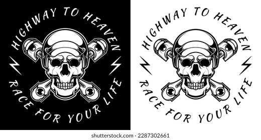 Skull in motorcycle helmet in black and white vintage monochrome style isolated vector illustration
