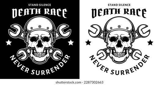 Skull in motorcycle helmet in black and white vintage monochrome style isolated vector illustration