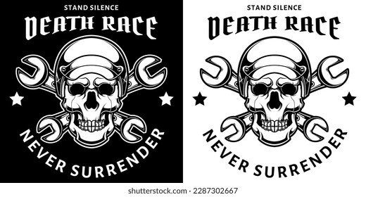 Skull in motorcycle helmet in black and white vintage monochrome style isolated vector illustration