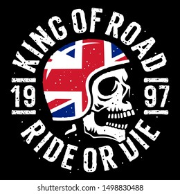 Skull in motorcycle helmet, flag of the United Kingdom and slogan typography for t shirt design. T-shirt print graphics on the theme of motorcycle