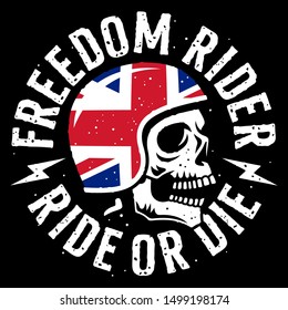 Skull in motorcycle helmet, flag of the United Kingdom and slogan typography for t shirt design. T-shirt print graphics on the theme of motorcycle