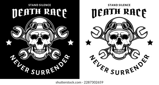 Skull in motorcycle helmet and goggles in black and white vintage monochrome style isolated vector illustration